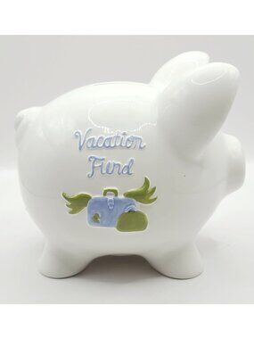 Ceramic Vacation Fund Piggy Bank White Blue New with Stopper Russ Berrie New